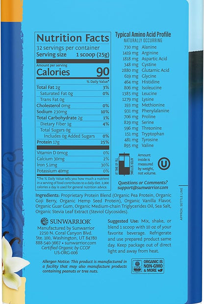 Organic Plant Based Protein Powder | Vegan Organic Protein Powder Vanilla Flavored with BCAA Amino Acids & Hemp Seed Pea Blend | Non-GMO Soy Dairy Filler & Gluten Free (Vanilla, 32 Servings)