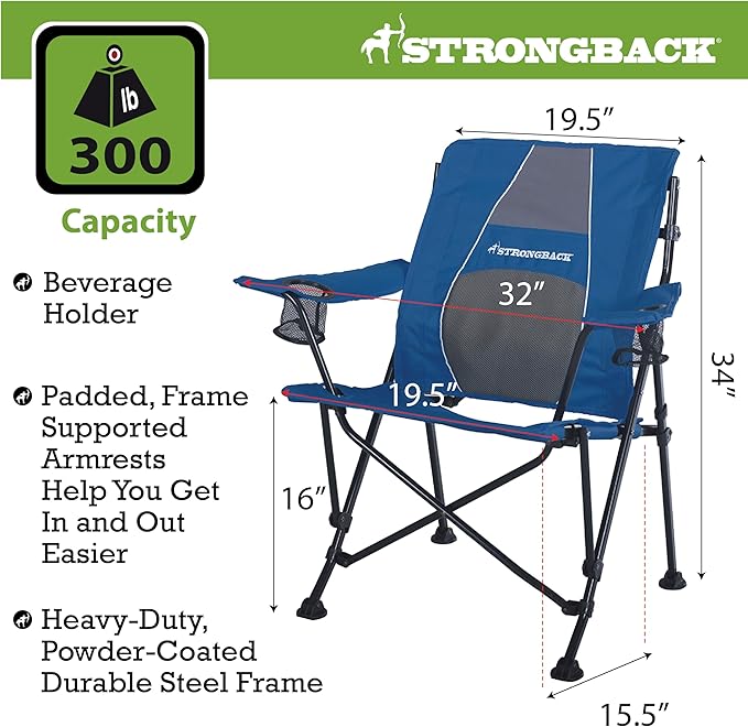 STRONGBACK Camping Chair Guru Heavy Duty Camping Chairs with Lumbar Suppor - Backpack Folding Camp Chair - Navy