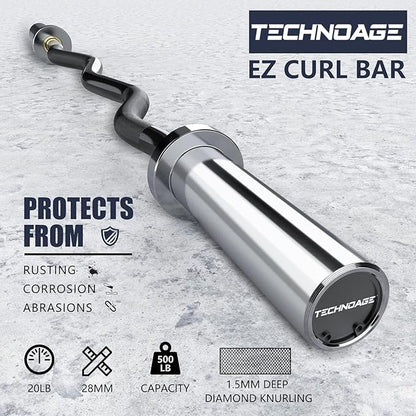 TECHNOAGE Olympic EZ Curl Bar, 47" Curl Bar(350/500LBS Capacity) 20LB, Solid Steel, Chrome Finish Barbell with Copper Sleeve and Bearing for 2-inch Plates, for Weight Lifting,Hip Thrusts,Squat,Biceps-Home Gym Weight Bar