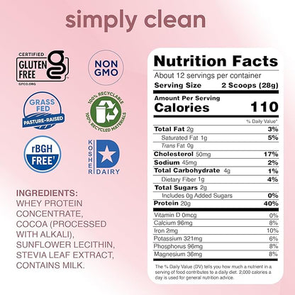 Simply tera's Pure Whey Protein Powder - Dark Chocolate Clean Protein Powder, Grass Fed Whey Protein Powder Without Artificial Sweeteners, Clean Label, Non-GMO, Kosher, rBGH-Free - 12 Oz