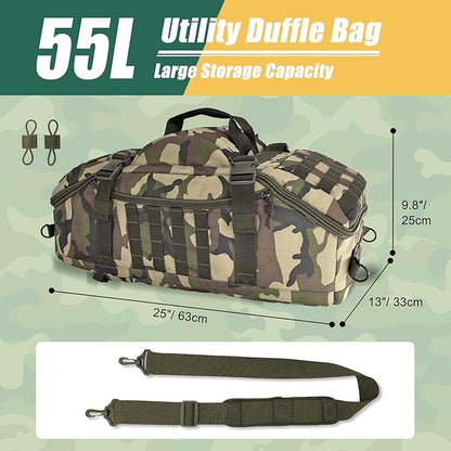 55L Large Travel Duffle Bag Military Tactical Backpack, Army Assault Pack 3 Day Bug Out Bag for Outdoor Sport Hiking Camping with Molle System, Woodland