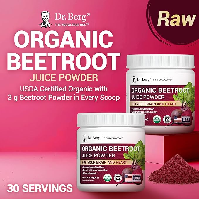 Dr. Berg Raw Organic Beet Powder from Real Earth-Grown Beets ??USDA Certified Organic Beet Root Powder to Support Nitric Oxide Levels, Energy, Blood Flow, & Heart Health* ??30 Servings