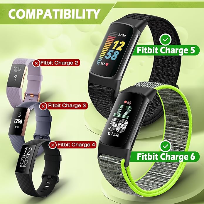 Sport Loop Nylon Watch Bands Compatible with Fitbit Charge 6/5, Adjustable Breathable Replacement Soft Nylon Loop Wristband for Women/Men