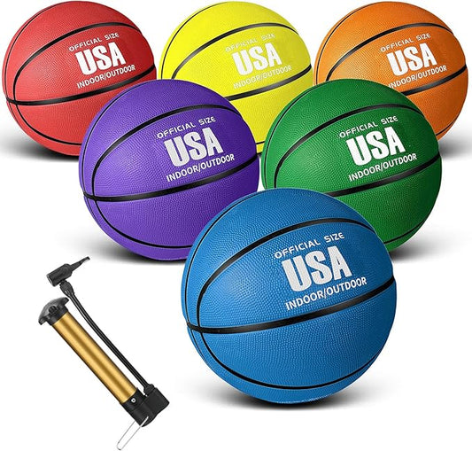 Jenaai 6 Pcs Rubber Basketballs Official Size Bulk Streetballs Multicolor Basket Balls with Pump