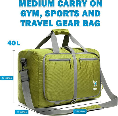 Bago Foldable Duffel Bags for Traveling Women & Men - 40L Sports Packable Duffle Bag for Travel with Shoe Compartment - Water Repellant, Heavy Duty, Lightweight Folding & Collapsible (Green)