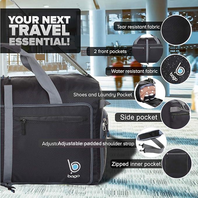 Bago Large Foldable Duffel Bags for Traveling Women & Men - 120L Packable Duffle Bag for Travel with Shoe Compartment - Water Repellant, Heavy Duty, Lightweight Folding & Collapsible (Black)