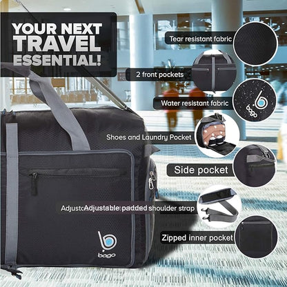Bago Large Foldable Duffel Bags for Traveling Women & Men - 120L Packable Duffle Bag for Travel with Shoe Compartment - Water Repellant, Heavy Duty, Lightweight Folding & Collapsible (Black)