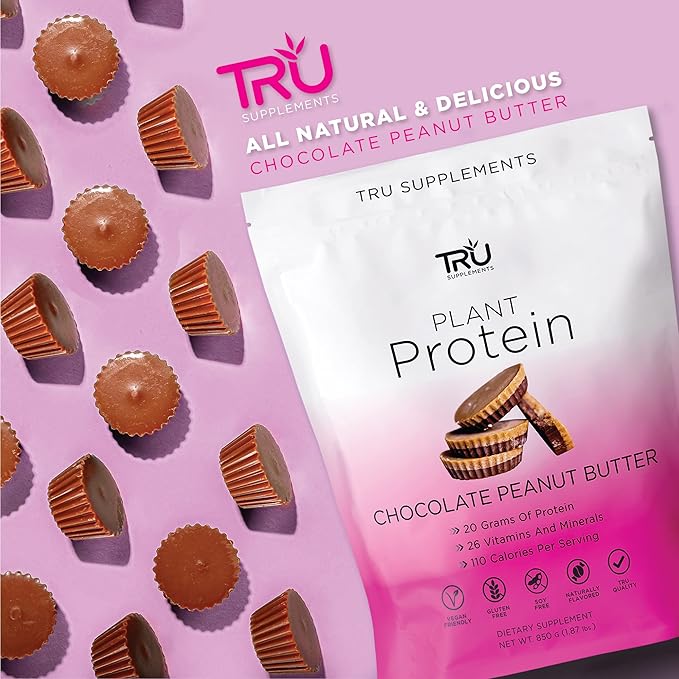 TRU Supplements Plant Based Protein Powder, BCAA, EAA, 20g Vegan Brown Rice & Pea Protein, 100 Calories, 27 Vitamins, No Artificial Flavors 25 Servings (Chocolate Peanut Butter)