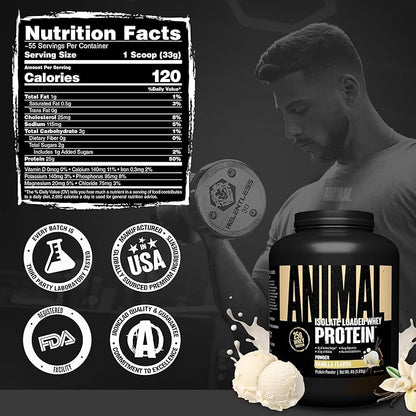 Animal Whey Isolate Protein Powder - Loaded for Pre & Post Workout Muscle Builder and Recovery with Digestive Enzymes for Men & Women - 25g Protein, Great Taste, Low Sugar - Vanilla 4 lbs