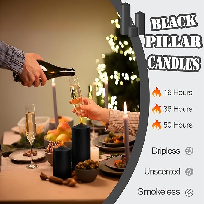 36 Pcs Black Pillar Candles Bulk Set，Hurricane Candlesï¼? Different Lengths (6 Each)，Dripless Unscented Smokeless，Gives You a Better Atmosphere When Organizing Wedding or Event Party.