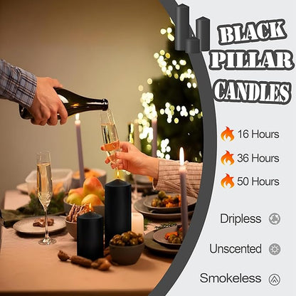36 Pcs Black Pillar Candles Bulk Set，Hurricane Candlesï¼? Different Lengths (6 Each)，Dripless Unscented Smokeless，Gives You a Better Atmosphere When Organizing Wedding or Event Party.