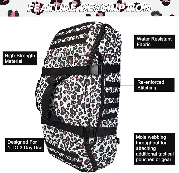 65L Large Duffle Bag, 3-in-1 Tactical Backpack MOLLE Pack for Sports, Gym, Outdoor, Leopard