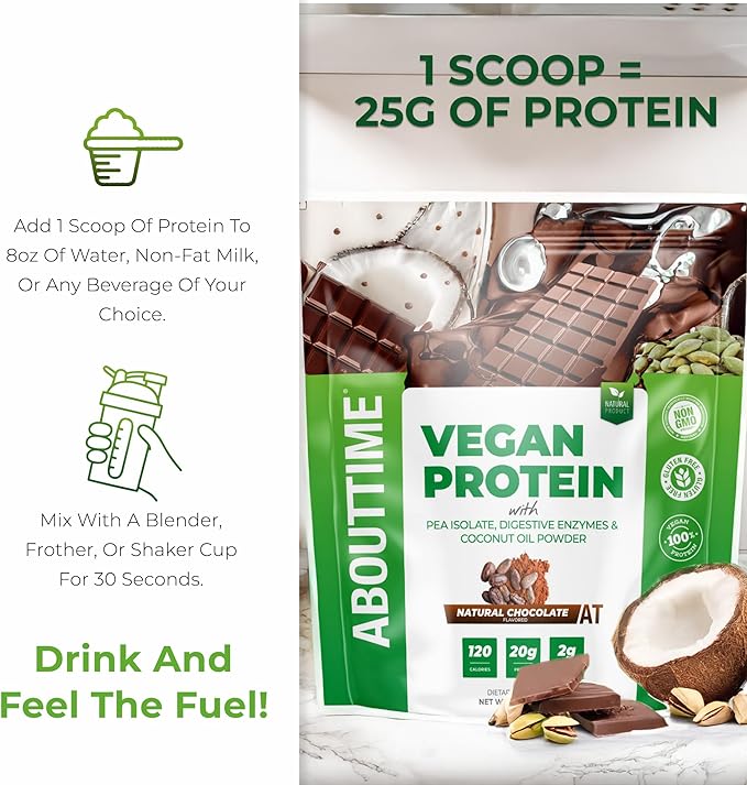 About Time Vegan Protein Powder 20g Chocolate, Natural Ingredients, Non-GMO, Plant Based, Gluten Free, Soy Free, Dairy Free, 32 Servings