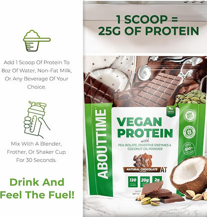 About Time Vegan Protein Powder 20g Chocolate, Natural Ingredients, Non-GMO, Plant Based, Gluten Free, Soy Free, Dairy Free, 32 Servings