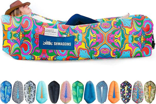 Chillbo Shwaggins Inflatable Couch – No-Pump Setup, Ripstop Polyester, Stability Pegs, Fun Prints