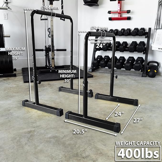 Synergee Dip Bar. Adjustable Dip Station from 30????39??for Dips, Inverted Pull Ups. Max capacity 400 lbs. Portable Dip Stand for Total Body Workout. Available in Yellow and Black.