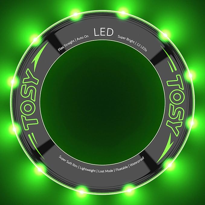TOSY Flying Ring - 12 LEDs, Super Bright, Lost Mode, Auto Light Up, Camping Essentials for Kids/Teens/Boy/Girl, Safe & Soft, Waterproof, Pool/Beach Games, Lightweight Toy (Green)