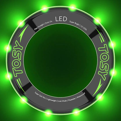 TOSY Flying Ring - 12 LEDs, Super Bright, Lost Mode, Auto Light Up, Camping Essentials for Kids/Teens/Boy/Girl, Safe & Soft, Waterproof, Pool/Beach Games, Lightweight Toy (Green)