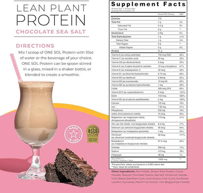 One Sol Lean Plant-Based Protein Powder, Pea & Brown Rice Protein, Low Carb, Vegan Friendly - Gluten, Lactose, & Soy Free - No Added Sugar, Non-GMO, Clean Nutrition, No Bloating (Chocolate Sea Salt)