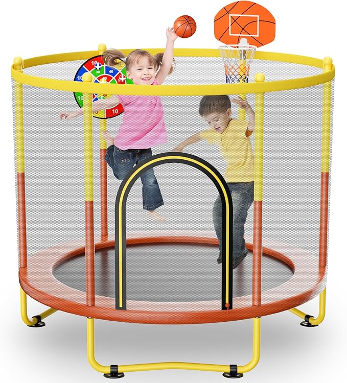 6FT Indoor Trampoline for Kids Ages 1-8, 72" Mini Toddler Indoor & Outdoor Trampoline with Safety Enclosure Net, Basketball Hoop & Dart Board, Birthday Gifts for Boys & Girls, Baby Toddler