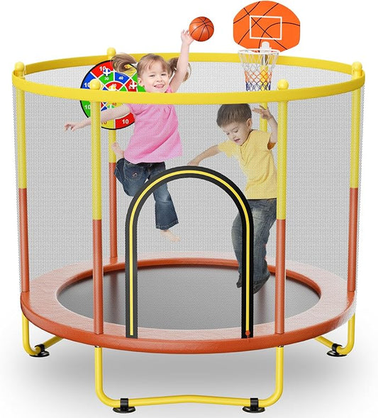 6FT Indoor Trampoline for Kids Ages 1-8, 72" Mini Toddler Indoor & Outdoor Trampoline with Safety Enclosure Net, Basketball Hoop & Dart Board, Birthday Gifts for Boys & Girls, Baby Toddler