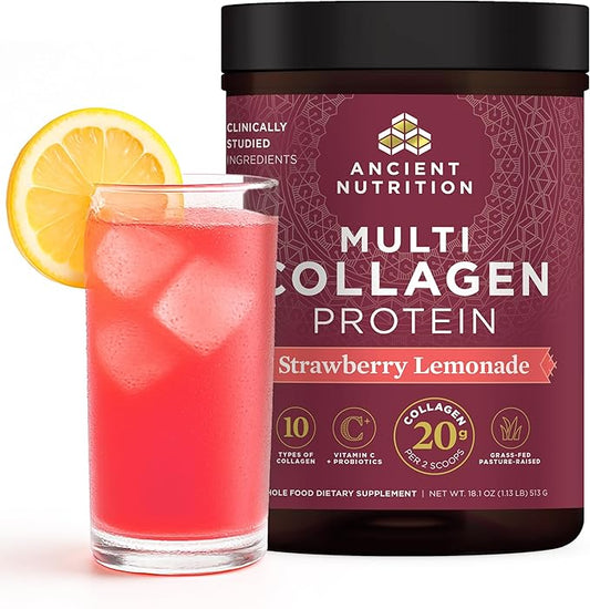 Ancient Nutrition Hydrolyzed Collagen Peptides Powder with Probiotics, Strawberry Lemonade Multi