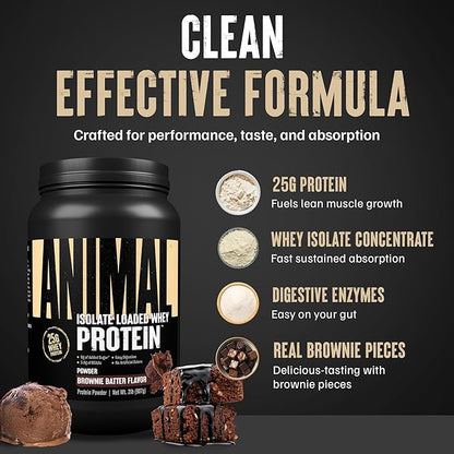 Animal Whey Isolate Protein Powder - Loaded for Pre & Post Workout Muscle Builder and Recovery with Digestive Enzymes for Men & Women - 25g Protein, Great Taste, Low Sugar - Brownie Batter 2 lbs