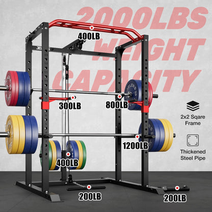 JELENS S11 Power Cage, 2000LB Multi-Function Power Rack with LAT Pulldown, Squat Rack with
