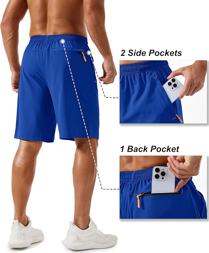 TACVASEN Men's Running Athletic Shorts 9" Quick Dry Workout Gym Shorts Lightweight Summer Shorts 3 Zipper Pockets