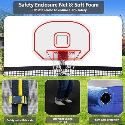 Upgraded 10/12/14/15/16FT Trampoline Outdoor, Large Kids Trampoline with Light, Stakes, Sprinkler, Backyard Trampoline with Basketball Hoop and Net, Capacity for 4-6 Kids and Adults