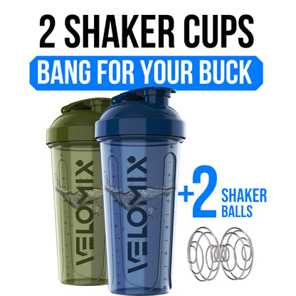 VELOMIX 2 Pack 28oz Protein Shaker Bottle for Protein Mixes, Blue/Green