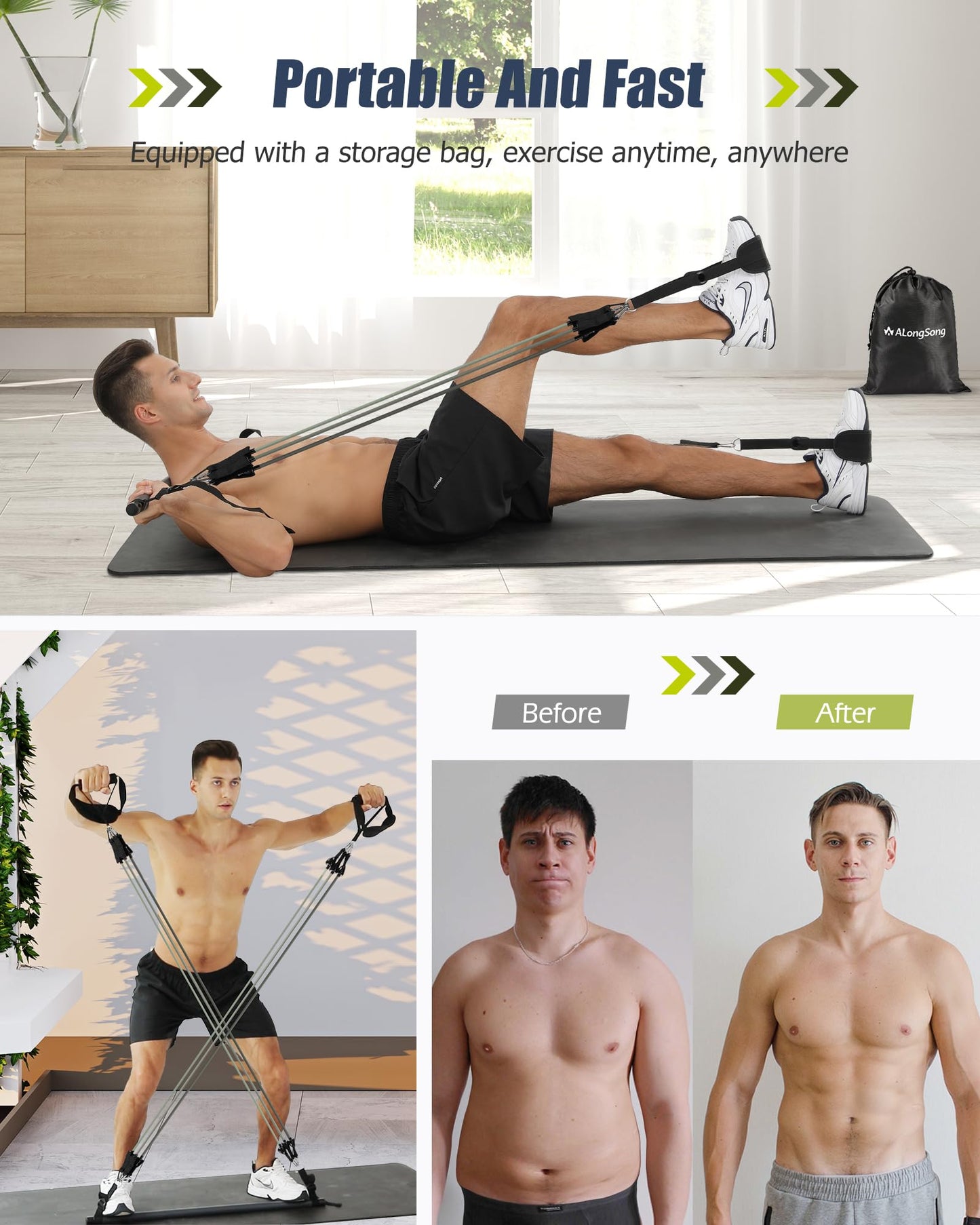 Pilates Bar Kit with Resistance Bands Latex Elastic, ALongSong Multifunctional Yoga Pilates Bar