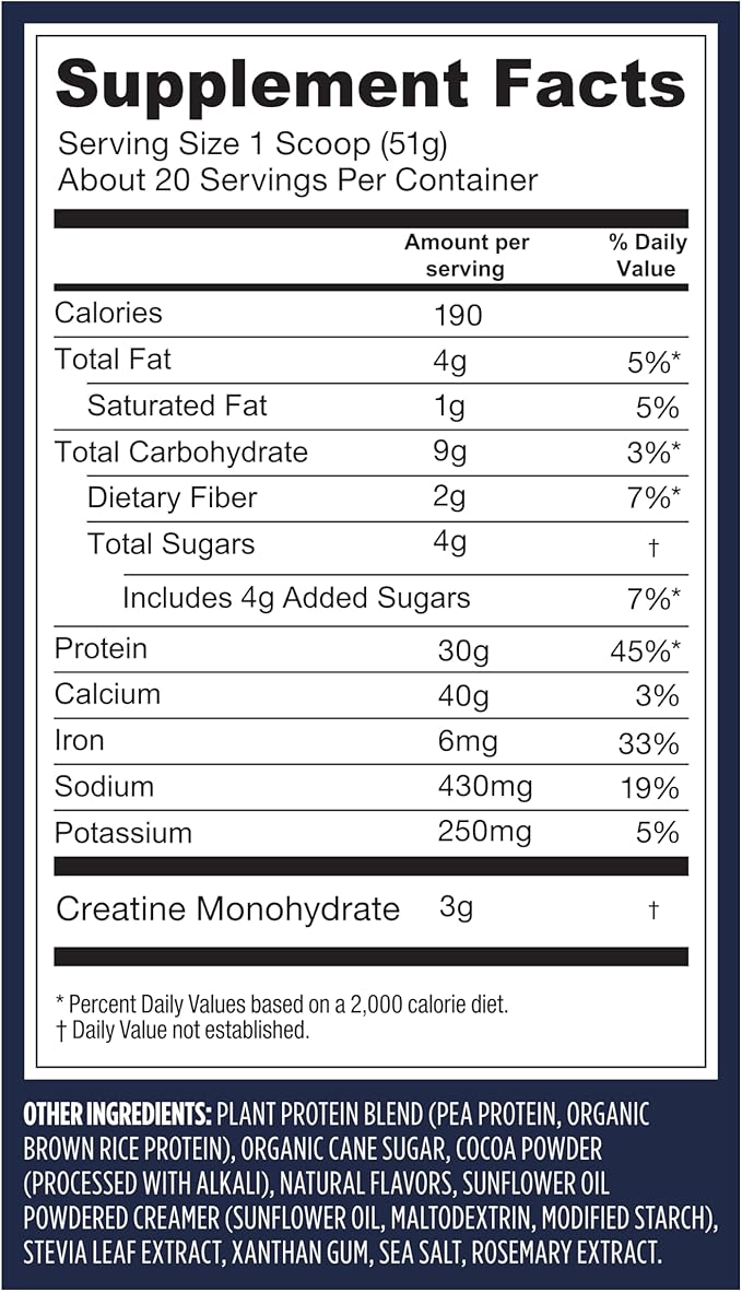 Vega Protein + Creatine - 30g Plant-Based Protein, Chocolate, 20 Servings, 3g Creatine, 5g BCAAs, Vegan, Keto, Gluten Free, Dairy Free, Low Carb, for Muscle Growth & Repair, Drink Mix, 36oz