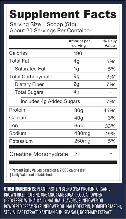 Vega Protein + Creatine - 30g Plant-Based Protein, Chocolate, 20 Servings, 3g Creatine, 5g BCAAs, Vegan, Keto, Gluten Free, Dairy Free, Low Carb, for Muscle Growth & Repair, Drink Mix, 36oz