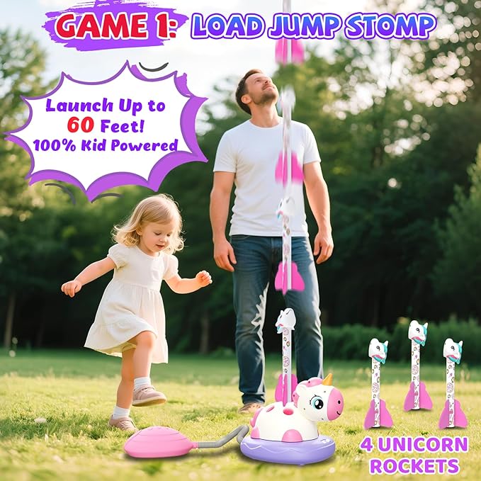 3-in-1 Outdoor Toys for Kids Ages 3-8, Unicorn Rocket Launcher, Ring Toss & Musical Jump - Backyard Indoor Active Play Set for Boys Girls, STEM Learning Toys Birthday Gift for 3 4 5 6 7 8 Years Old