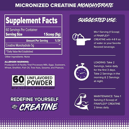 FINAFLEX Pure CREATINE, Unflavored - 10.6 oz, Pack of 2 - Promotes Muscular Strength, Size & Performance - 100% Pure, Micronized Creatine Monohydrate - NSF Certified - 120 Total Servings