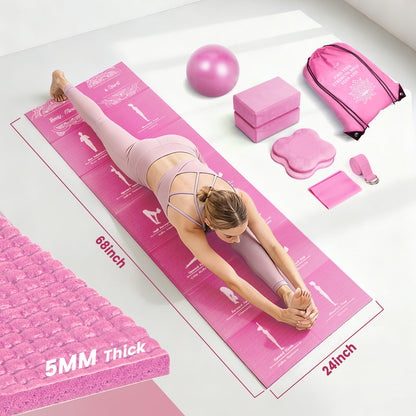 Foldable Yoga Mat and Blocks Set for Women with 2 Pack Yoga Blocks and Strap,Thin Non Slip Pilates