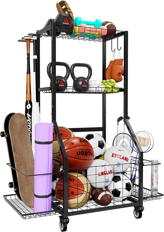 Sports Equipment Organizer, Outdoor Toy Storage Garage Organization - Ball Storage Racks with 2 Side Racks & Durable Baskets, Garage Rolling Ball Cart with Wheels, Hooks for Sports Gear, Bats