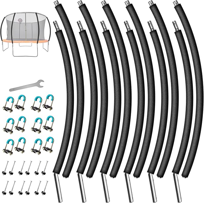 6PCS Trampoline Replacement Curved Pole, Universal Trampoline Enclosure Pole Fits for 8-16FT Curved Pole Trampoline Frame, Replacement Poles Include Foam Sleeve & Hardware for 2 Installation Ways