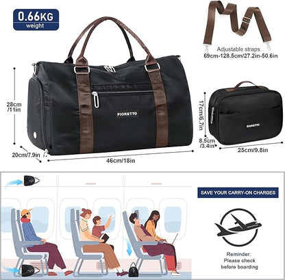 FIORETTO Womens Gym Tote Duffle Bag with Toiletry Bag, Sports Duffel Overnight Hospital Workout Carry on Bag for Girls with Wet Pocket & Shoe Compartment, Ideal for Travel, Swimming, Black & Brown