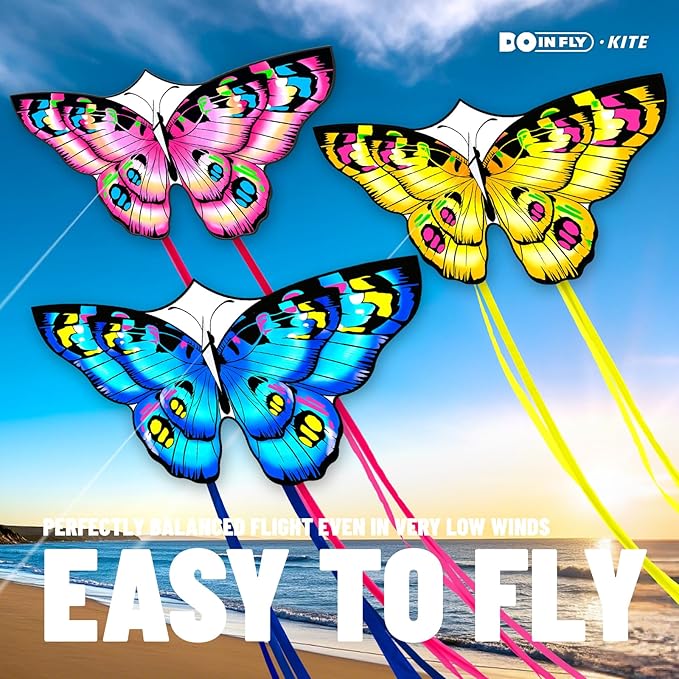 The Doinfly Butterfly-Shaped Kite is an Easy-to-Fly Kite Suitable for Both Children and Adults, and is Highly Suitable for Outdoor Activities. (Two-Piece Set of Butterfly Wings-(Blue+Pink+Yellow), 3)