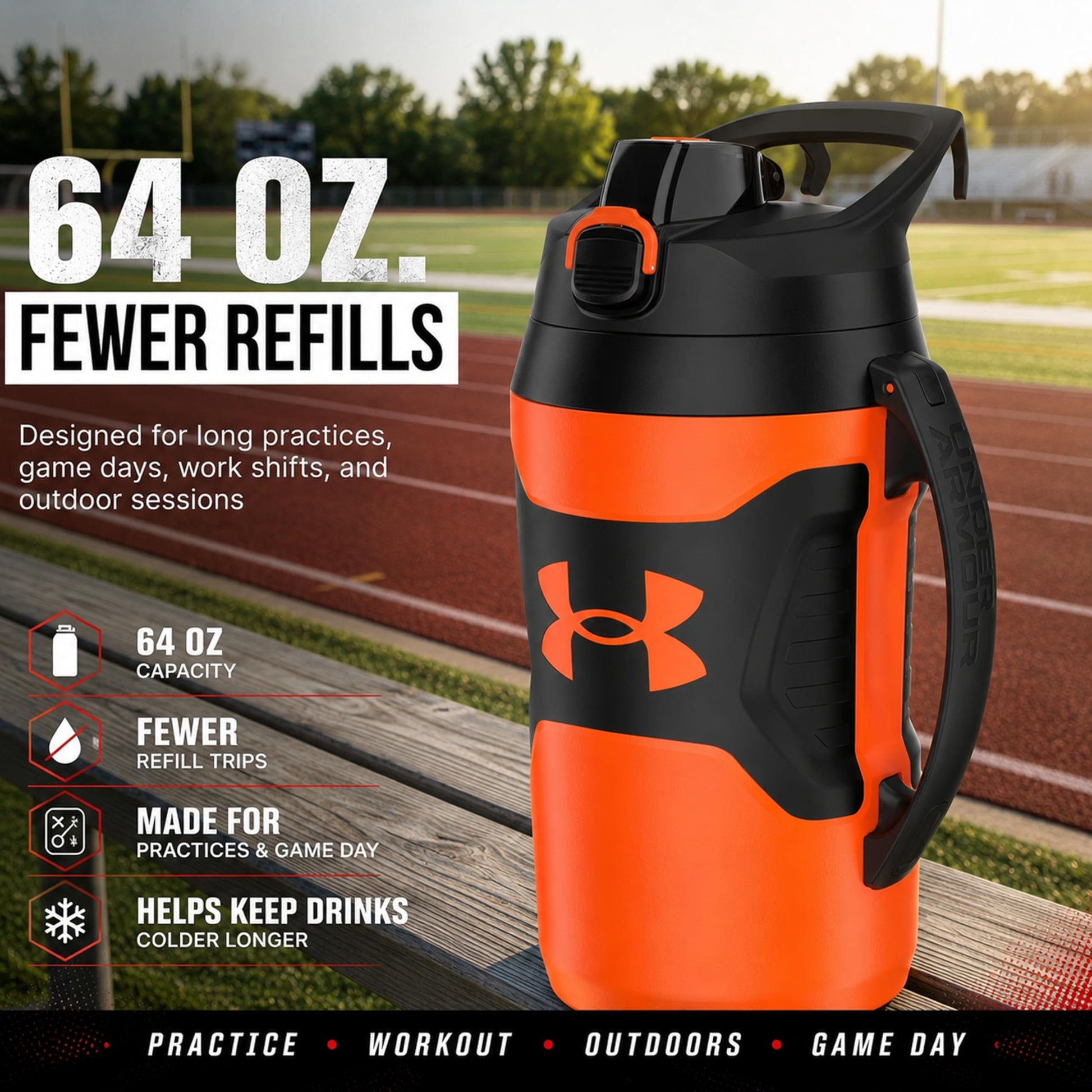Under Armour Insulated Water Bottle with Handle & Fence Hook, Half Gallon Sports Water Jug