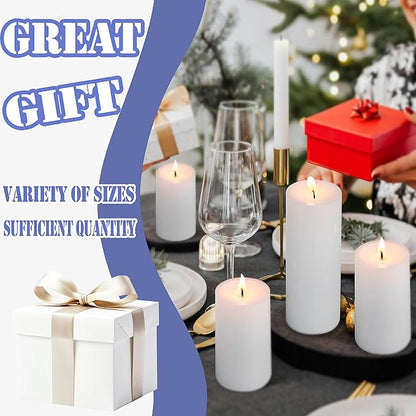 18 Pcs White Pillar Candles Bulk Set，Hurricane Candlesï¼? Different Lengths (6 Each)，Dripless Unscented Smokeless，Gives You a Better Atmosphere When Organizing an Event Party.
