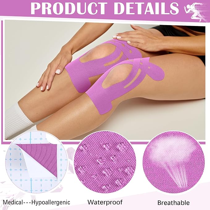 50 Pcs Precut Kinesiology Tape for Knees Pain Relief Elastic Waterproof Athletic Knee Tape for Support Stability Sports(Purple)