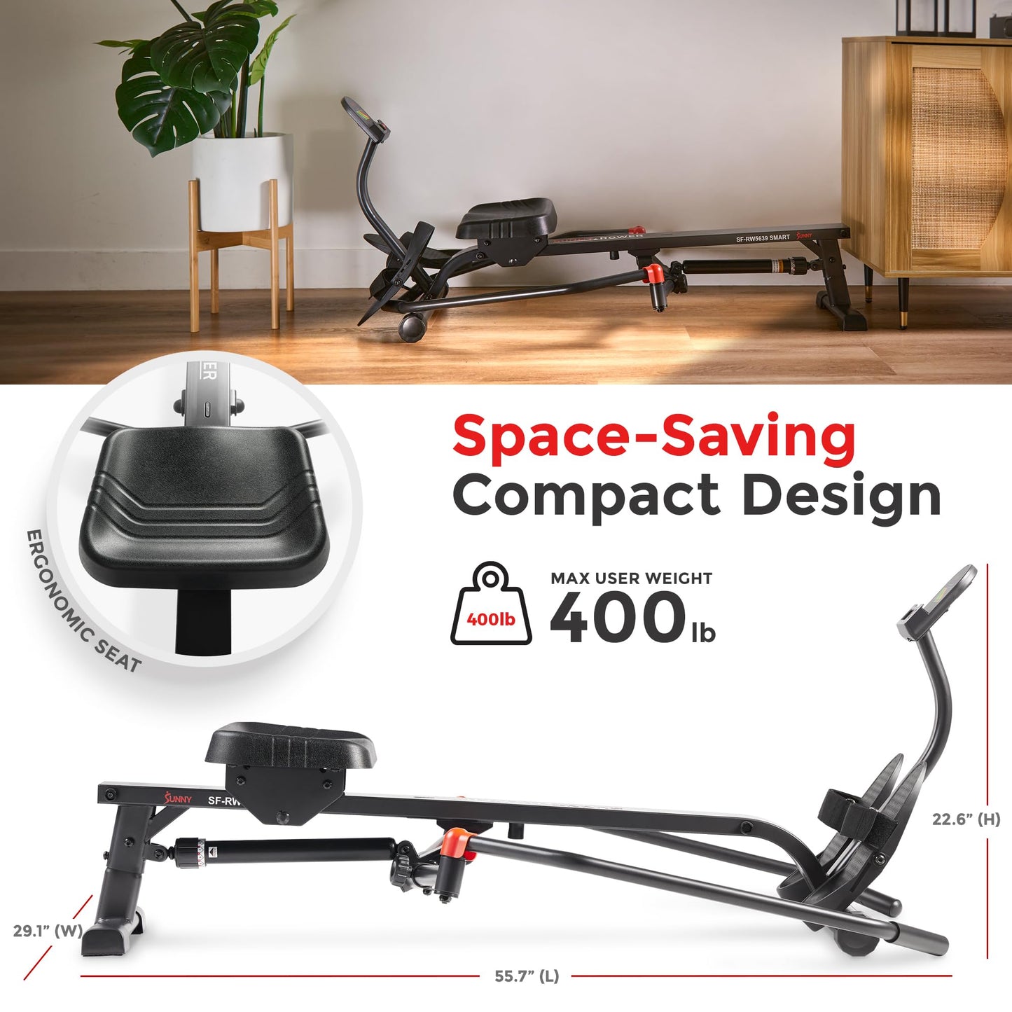 Sunny Health & Fitness Smart Full Motion Rower, Dark Gray