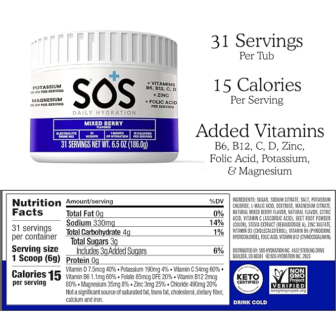 SOS Hydration Electrolyte Drink Mix (31 Servings) – Low Sugar, 15 Calorie, Keto-Friendly & Rapid Rehydration (31 Servings, Mixed Berry)