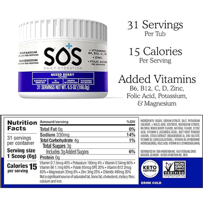 SOS Hydration Electrolyte Drink Mix (31 Servings) – Low Sugar, 15 Calorie, Keto-Friendly & Rapid Rehydration (31 Servings, Mixed Berry)