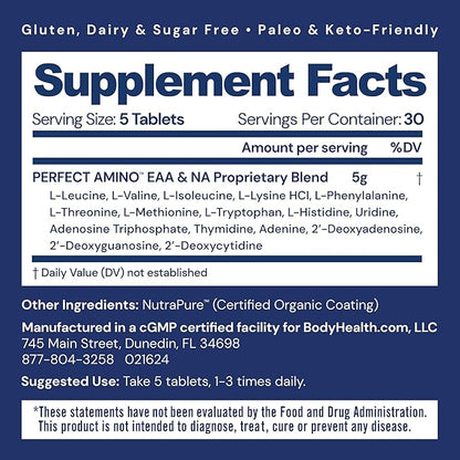 BodyHealth PerfectAmino (150 ct) Easy to Swallow Tablets, Essential Amino Acids Supplement with BCAAs, Vegan Protein for Pre/Post Workout & Muscle Recovery with Lysine, Tryptophan, Leucine, Methionine