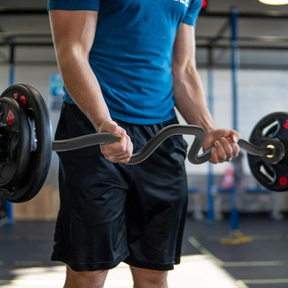 Synergee Commercial Super EZ Curl Olympic Bar Chrome, Black Phosphate and Red with Powder Coated Brass Bushings Excellent for Bicep Curls and Triceps Extensions