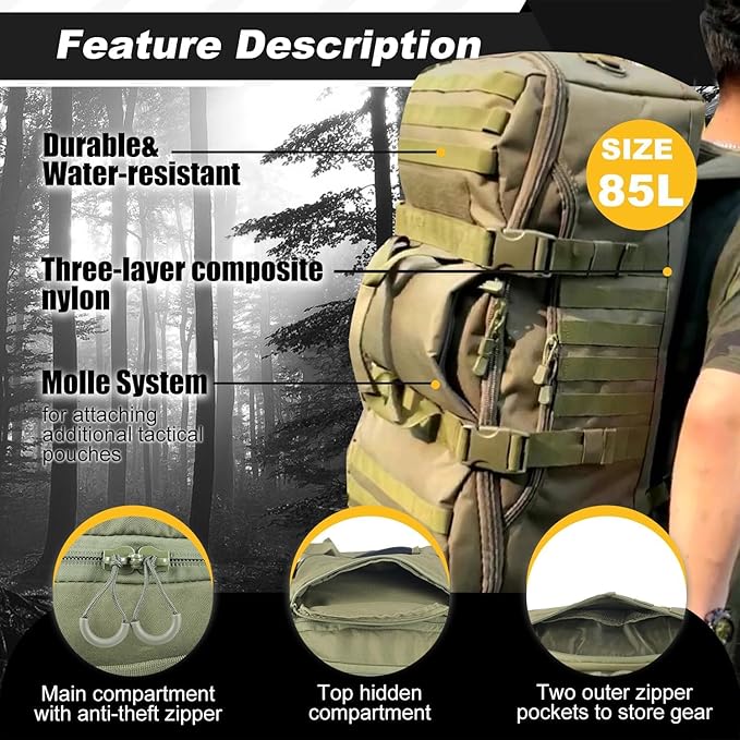 3 In 1 Tactical 85L Military Backpack Travel Duffle Bag for Weekender Gym Workout Deployment